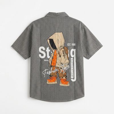 Grey Half Sleeve Printed Striped Shirt