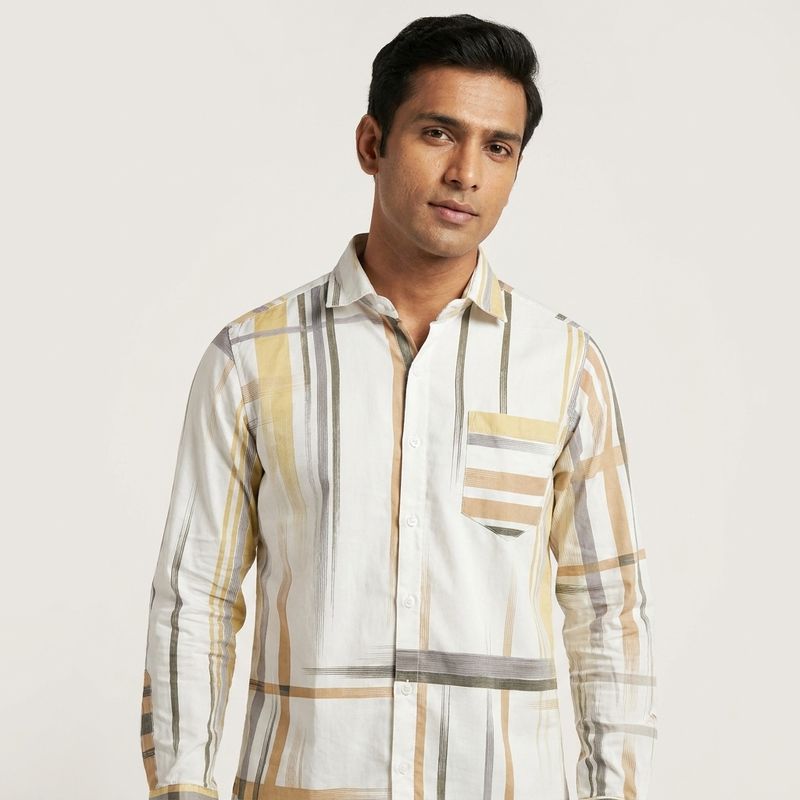 Modern Plaid Button-Up Shirt | White - Beige
