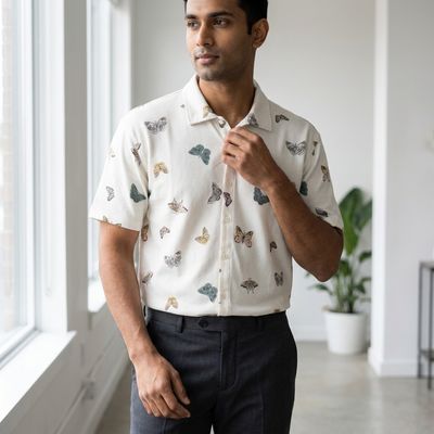 Men’s Off-White Butterfly Print Resort-Collar Shirt
