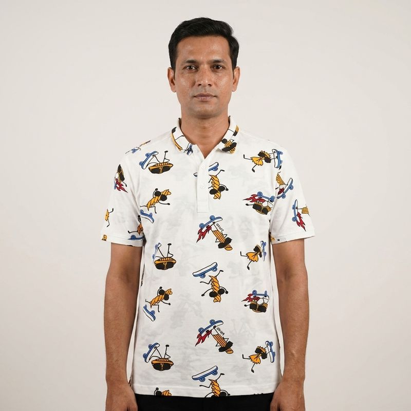 White Printed Polo T-Shirt