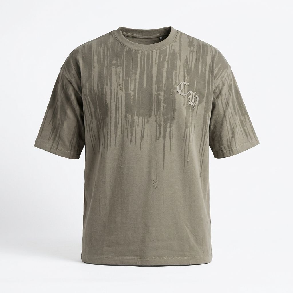 Zero Sleek Olive Green Distressed Oversized T-Shirt | Gothic Bleed Pattern