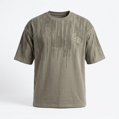 Zero Sleek Olive Green Distressed Oversized T-Shirt | Gothic Bleed Pattern