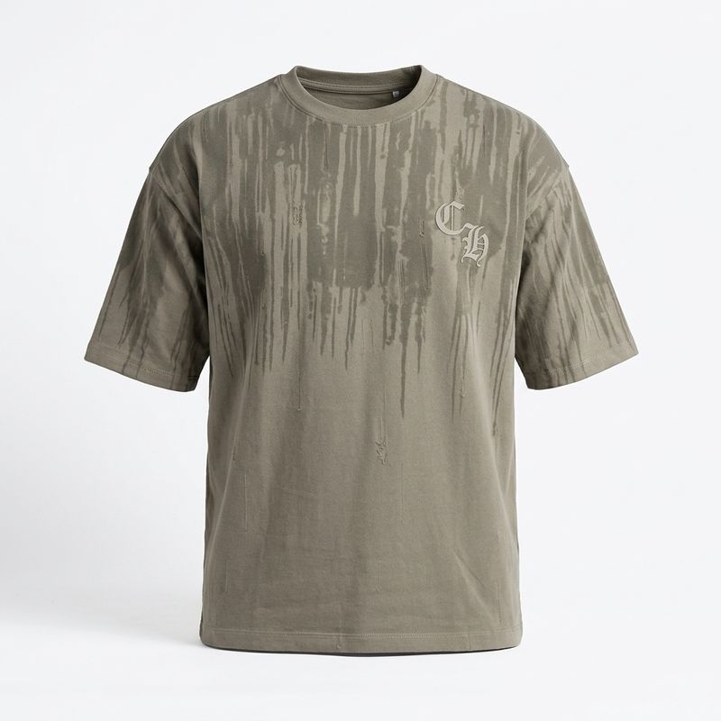 Zero Sleek Olive Green Distressed Oversized T-Shirt | Gothic Bleed Pattern