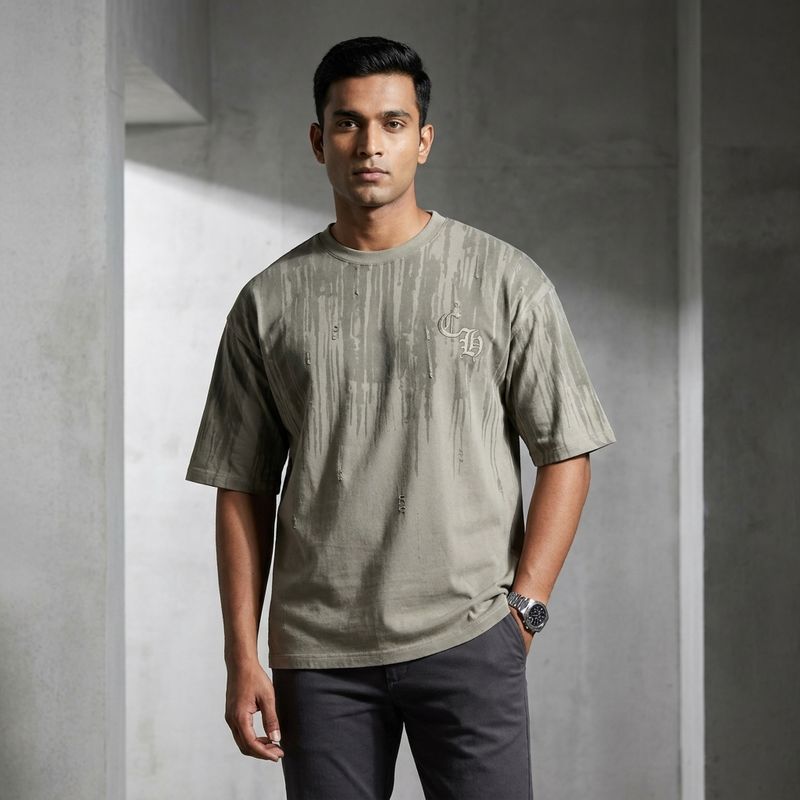 Zero Sleek Olive Green Distressed Oversized T-Shirt | Gothic Bleed Pattern