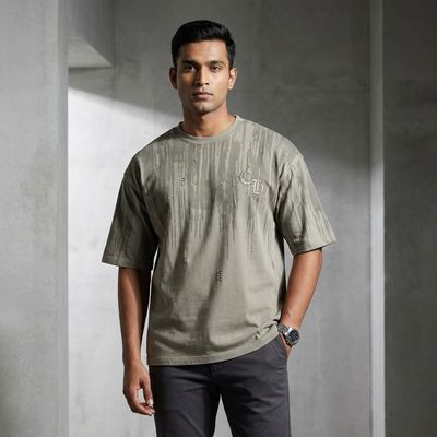 Zero Sleek Olive Green Distressed Oversized T-Shirt | Gothic Bleed Pattern