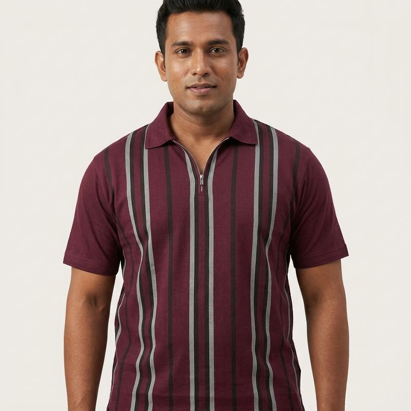 Zero Sleek Maroon Stripe Zip Polo T- Shirt | Modern Fit