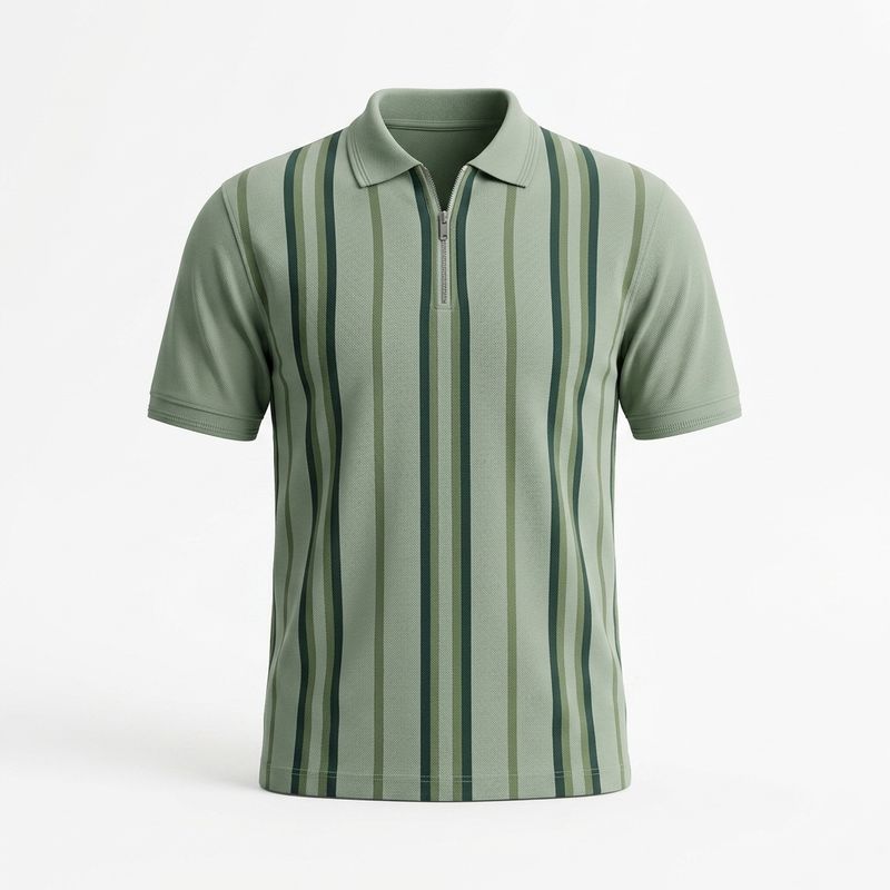 Zero Sleek Green Stripe Zip Polo T-Shirt | Modern Fit