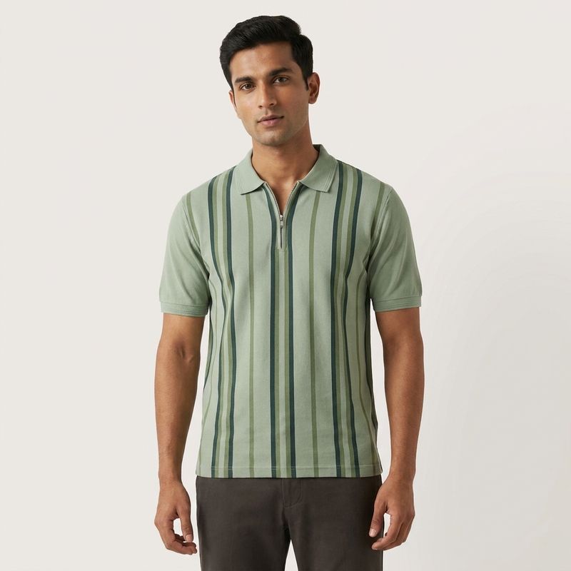 Zero Sleek Green Stripe Zip Polo T-Shirt | Modern Fit