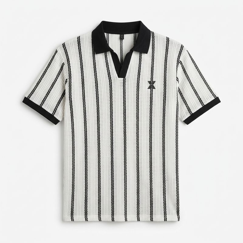 Classic crochet Textured Knit Polo T- Shirt |Off-White