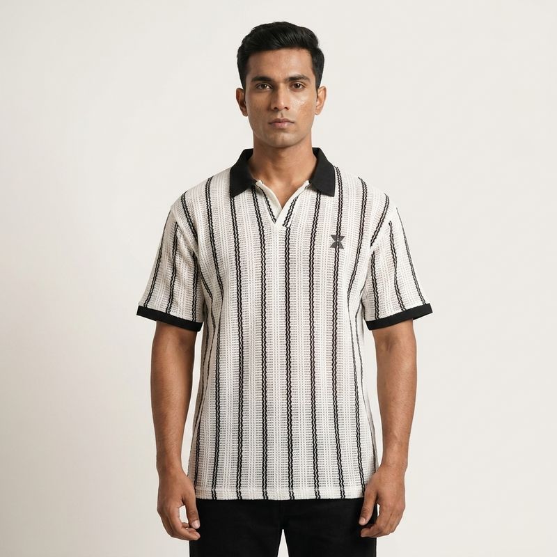Classic crochet Textured Knit Polo T- Shirt |Off-White