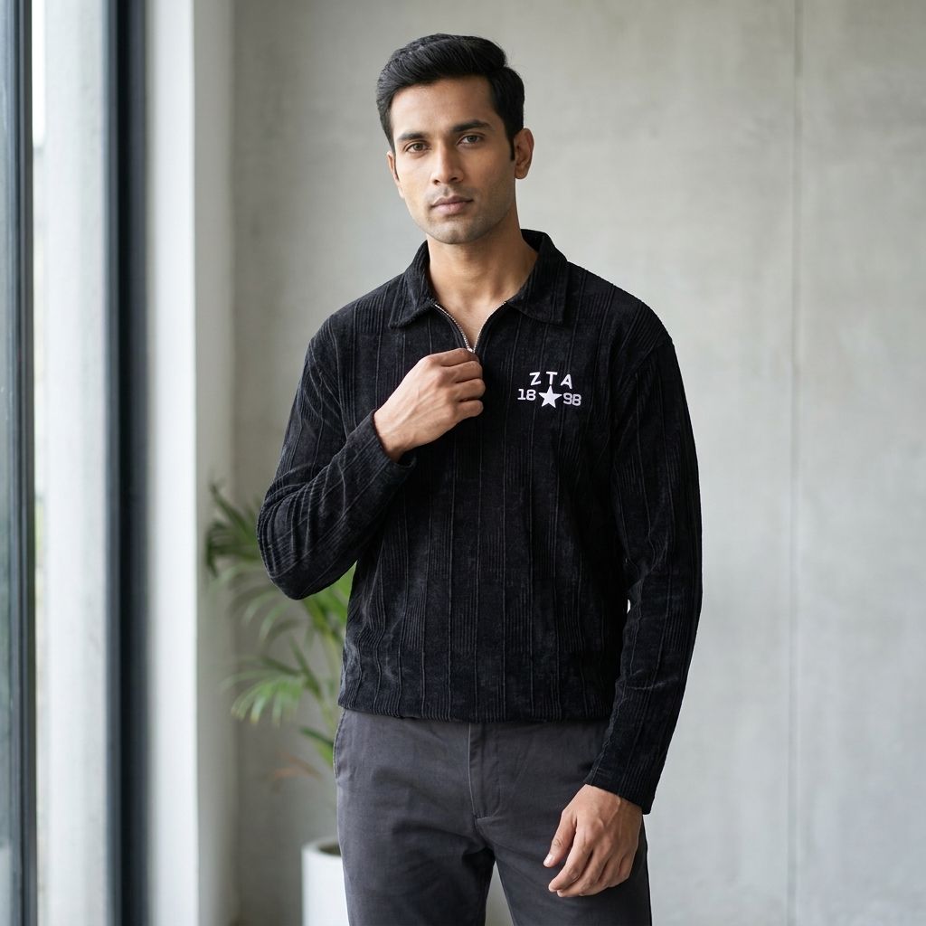 Zero Sleek Men's Black Corduroy Zip Polo