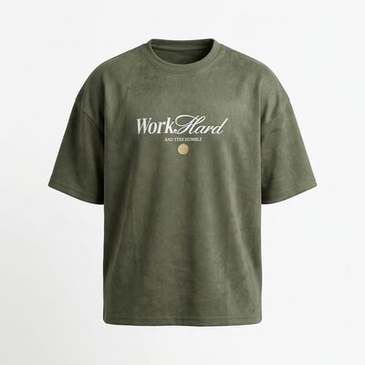 Olive Green Printed Typography Overside T-Shirt