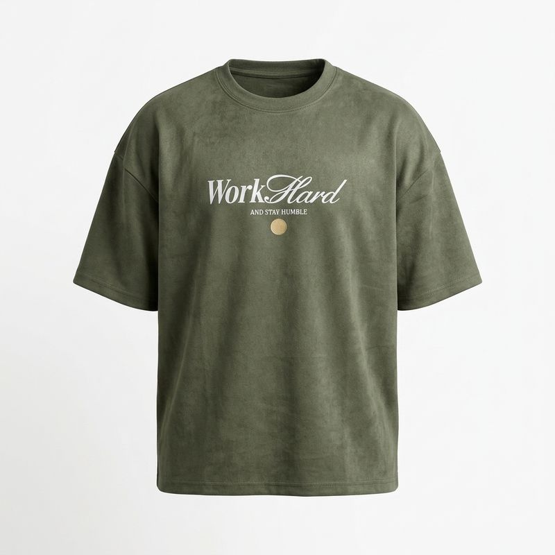 Olive Green Printed Typography Overside T-Shirt