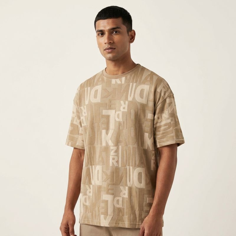 Beige Typography Oversized T-Shirt