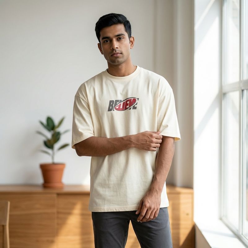 Retro-Speed Printed Drop-Shoulder T-Shirt | Light Beige