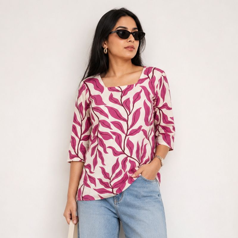 Ethnic Short Kurti Top for Women | Pink- White