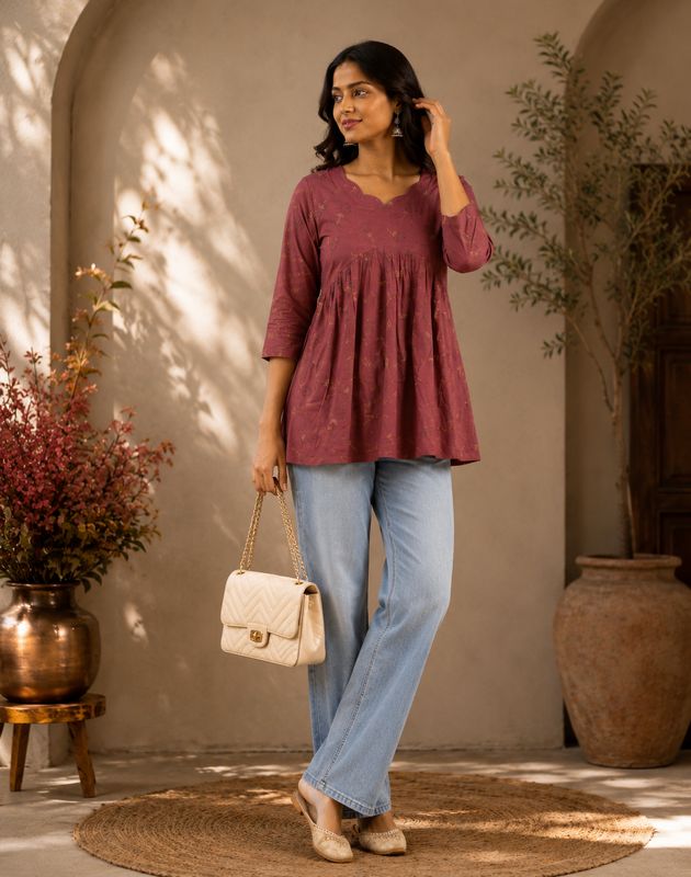 Rose Pink Printed Peplum  Short Kurti
