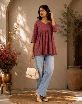 Rose Pink Printed Peplum  Short Kurti