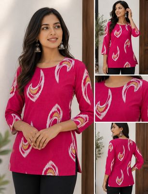 Magenta pink Ikat Printed Cotton Short Kurti
