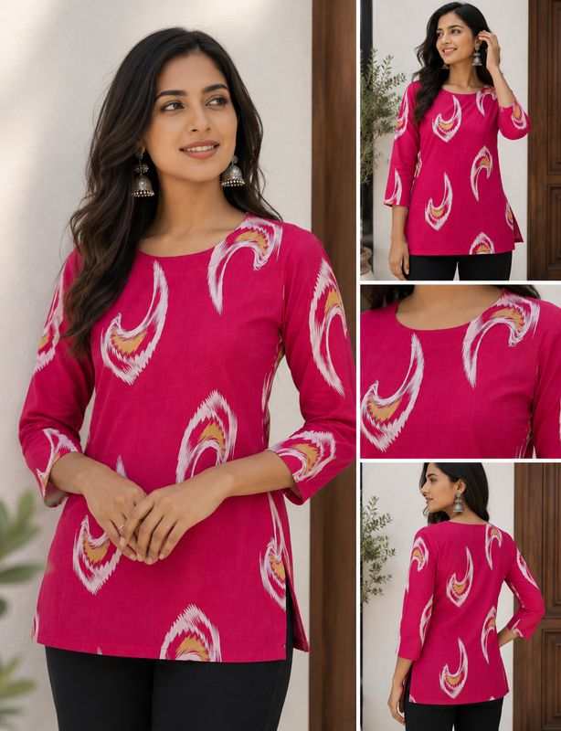 Magenta pink Ikat Printed Cotton Short Kurti