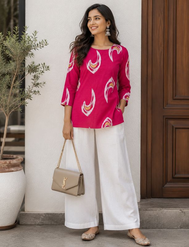 Magenta pink Ikat Printed Cotton Short Kurti