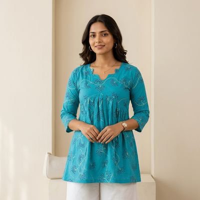 Teal Blue Printed Peplum Short Kurti