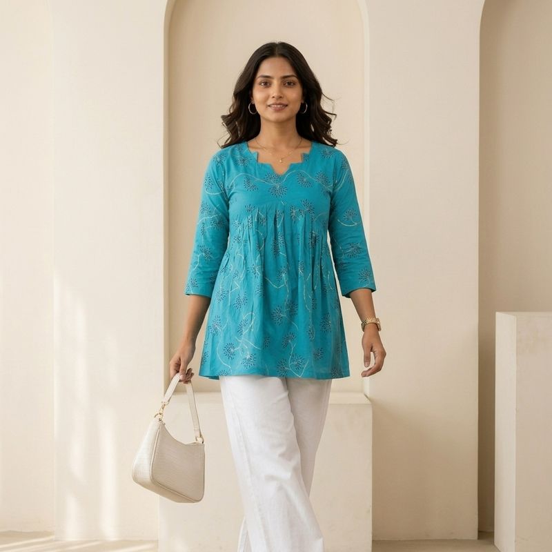 Teal Blue Printed Peplum Short Kurti