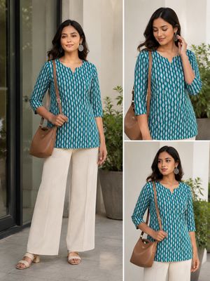 Blue &amp; White  Printed Straight Short kurti