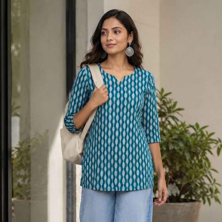 Blue &amp; White  Printed Straight Short kurti