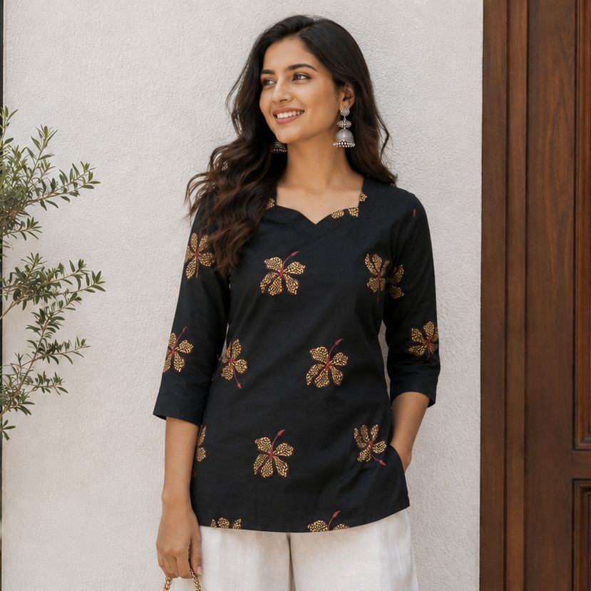 Classic Black Floral Block Print Short Kurti