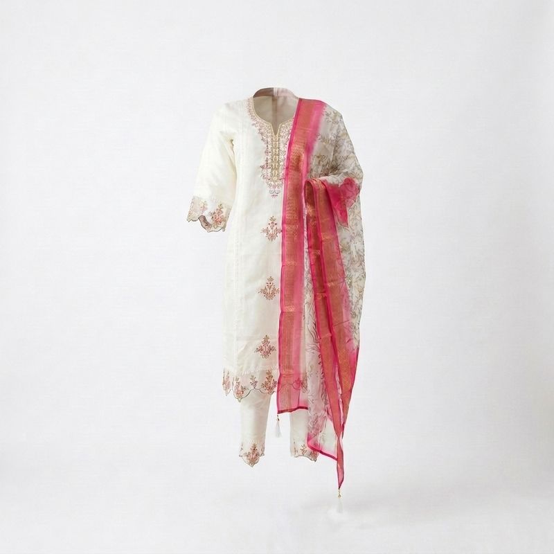 Ivory White &amp; Fuchsia Embroidered Kurti Set