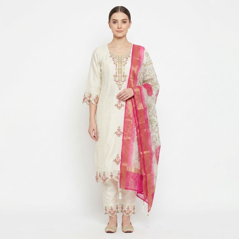 Ivory White &amp; Fuchsia Embroidered Kurti Set
