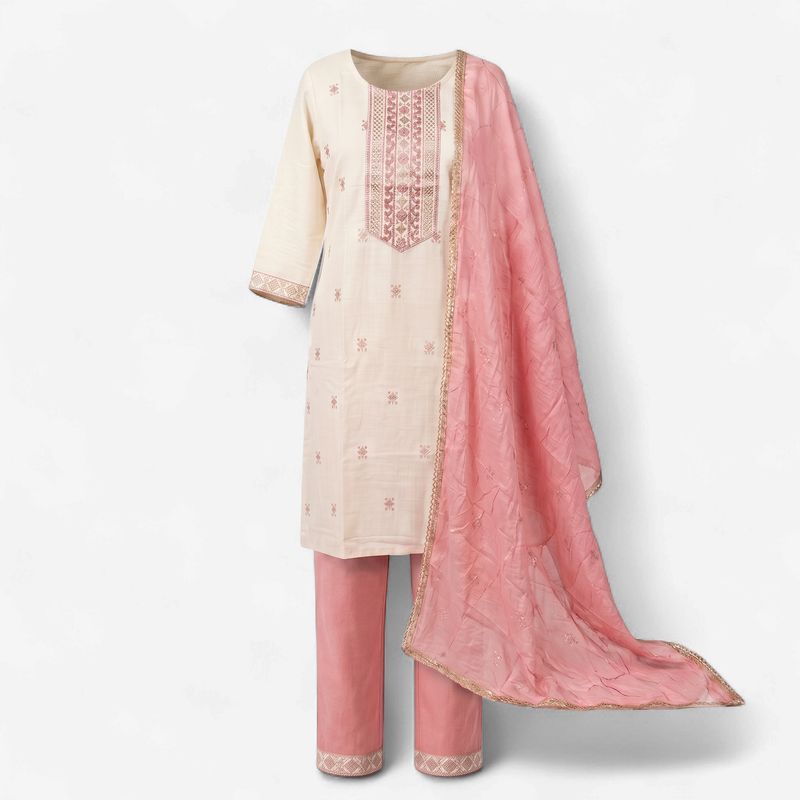 Off-White &amp; Rose Pink Embroidered Kurti Set