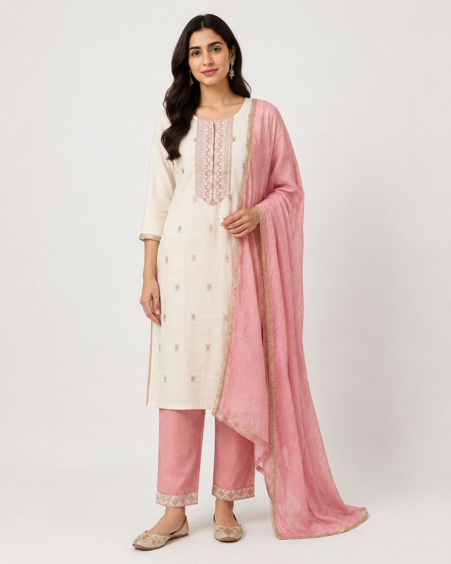Off-White &amp; Rose Pink Embroidered Kurti Set