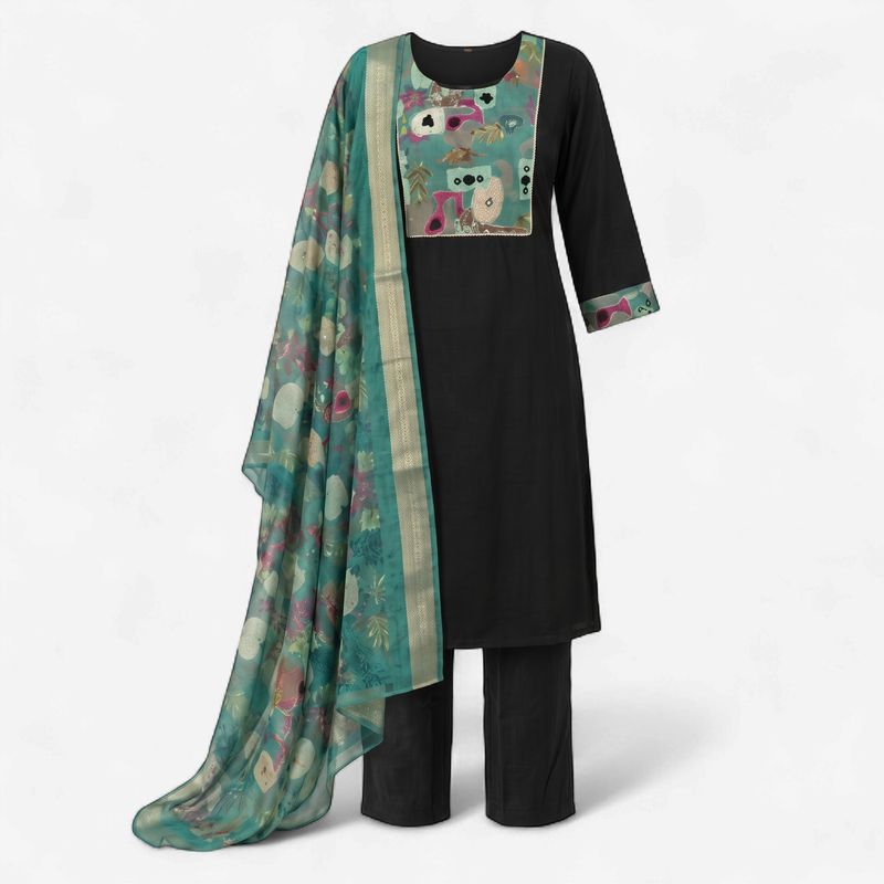 Black &amp; Teal Yoke Embroidered Kurti Set