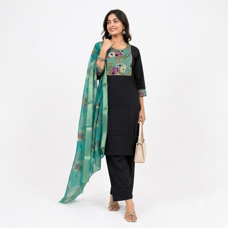 Black &amp; Teal Yoke Embroidered Kurti Set