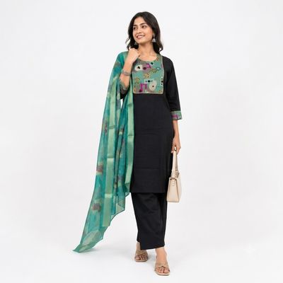 Black &amp; Teal Yoke Embroidered Kurti Set