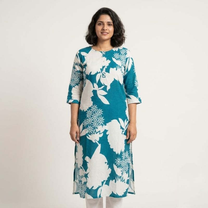 The Pastel Petal Kurti | Sea Blue
