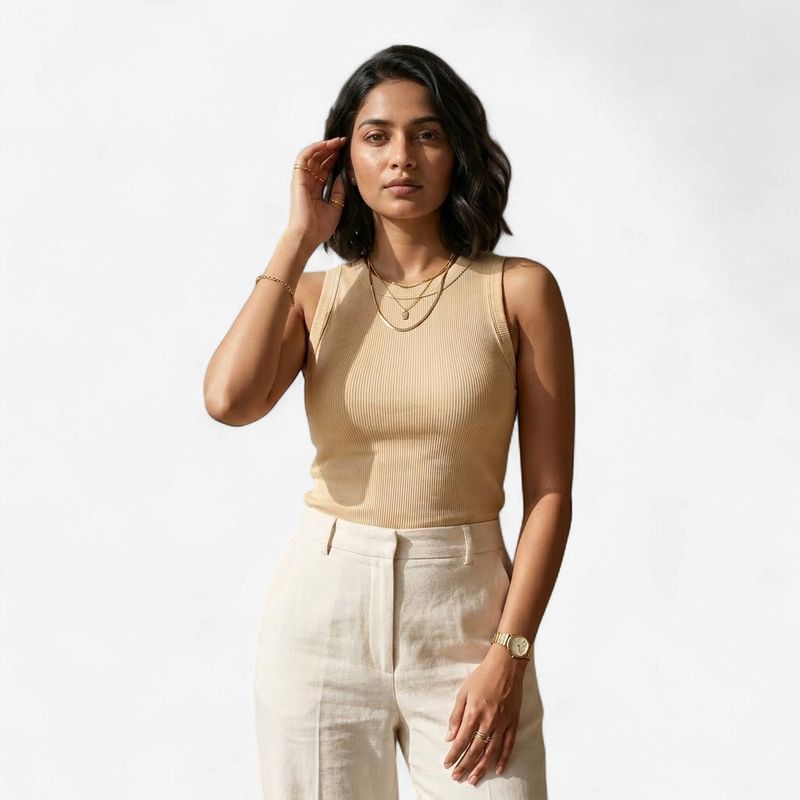 Ribbed Knit Crop Tank Top | Beige