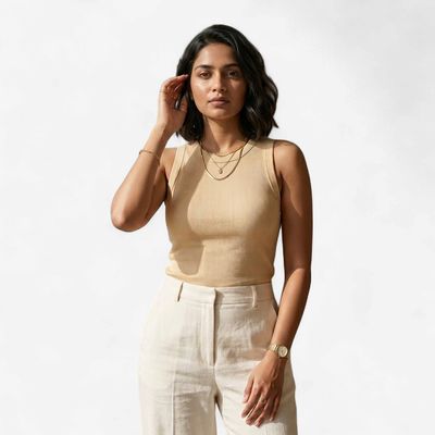 Ribbed Knit Crop Tank Top | Beige
