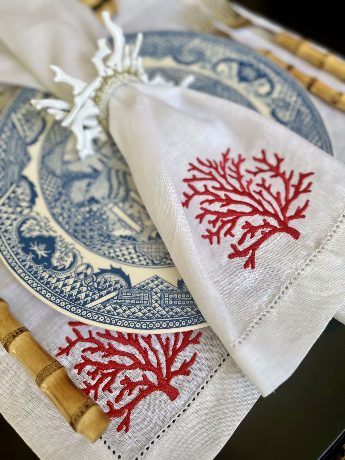 Coral Embroidered Linen Napkin 45x45cm