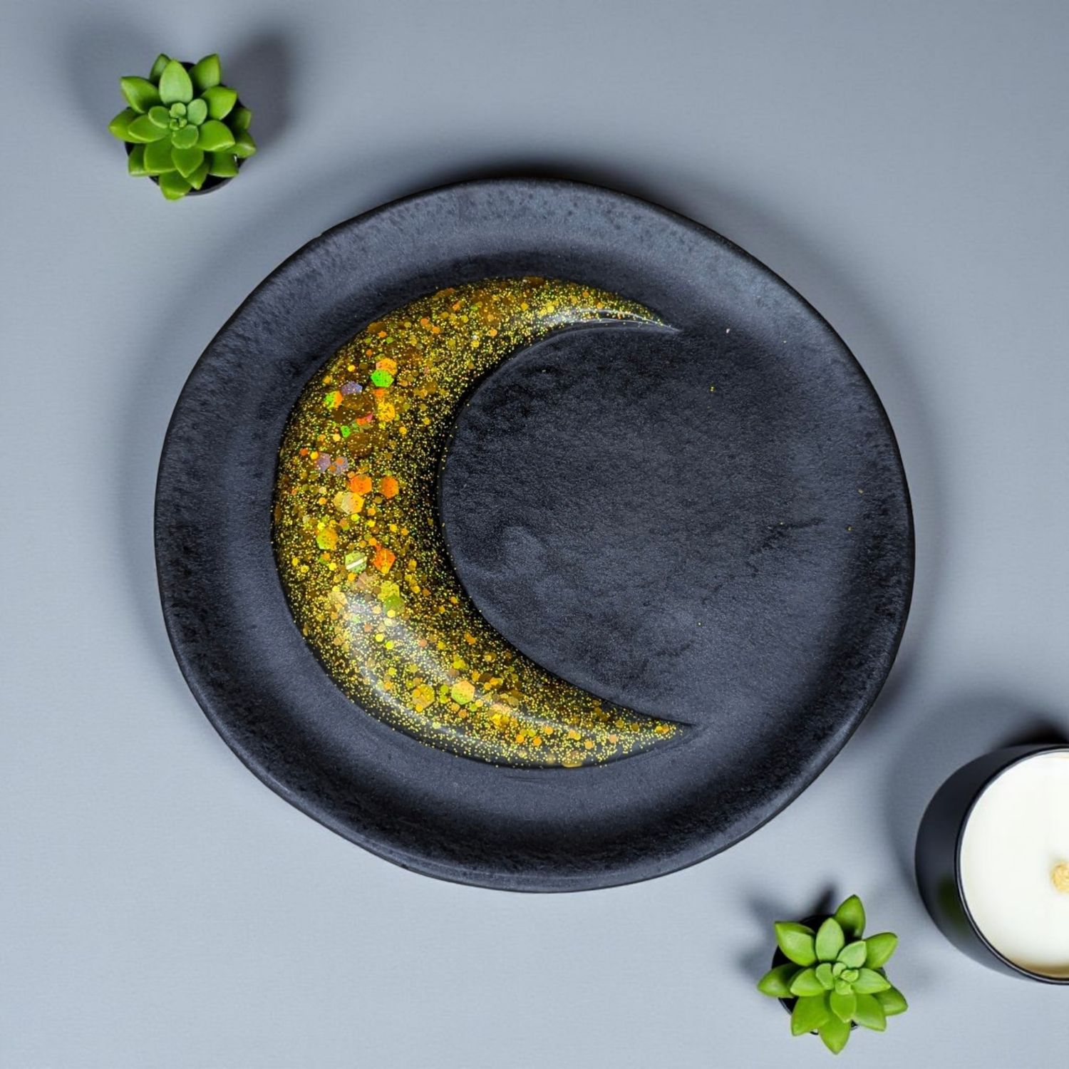Crescent Moon Dish, Black matte Resin with Gold Holographic Glitter