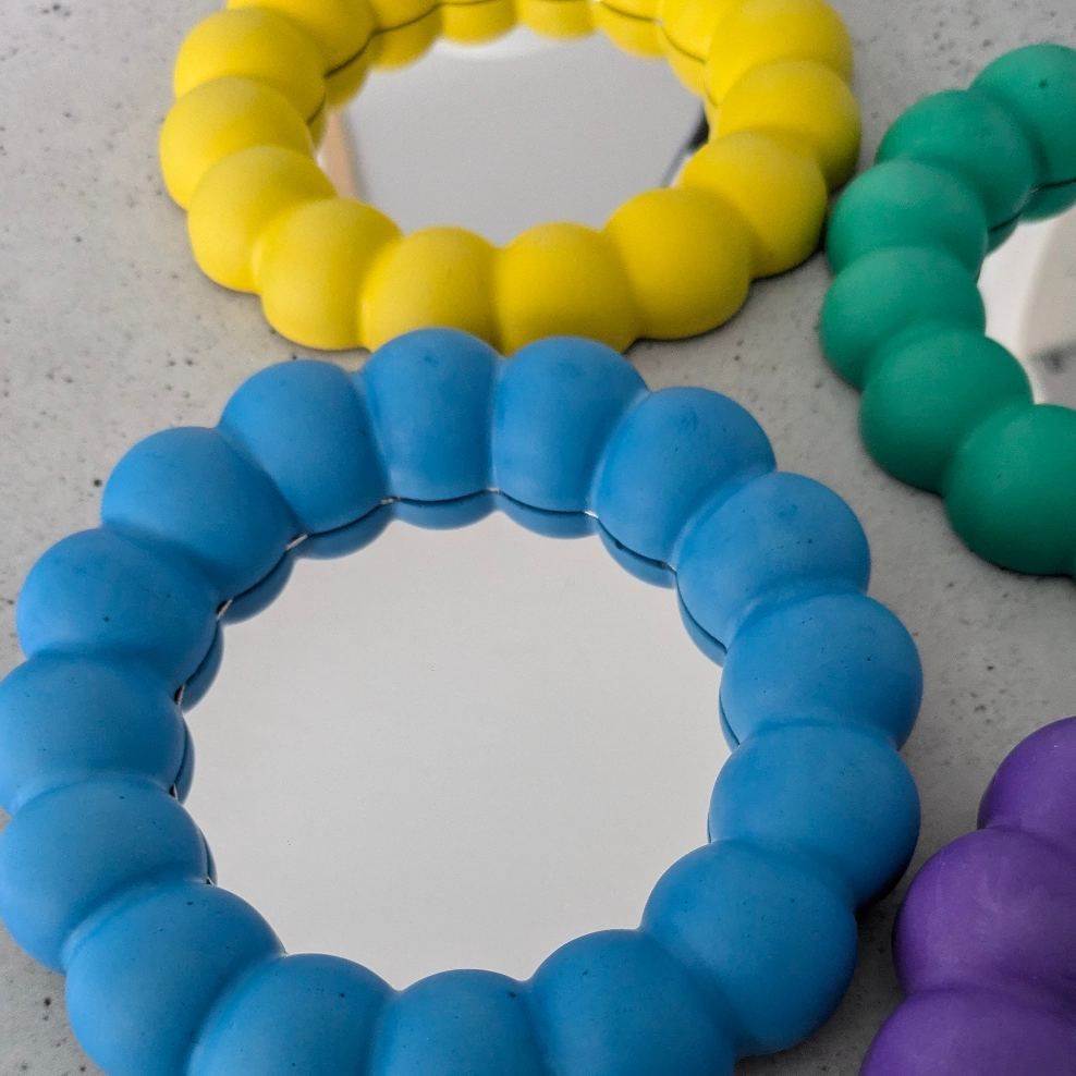 Bubble Edge Handheld Mirror with stand,  Blue Jesmonite