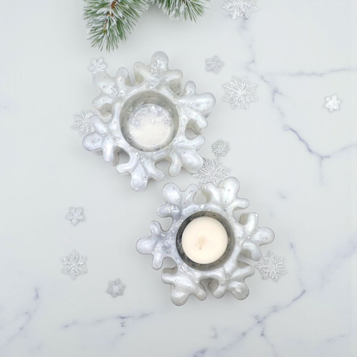 Snowflake Tea Light Holder, Resin Silver Fleck