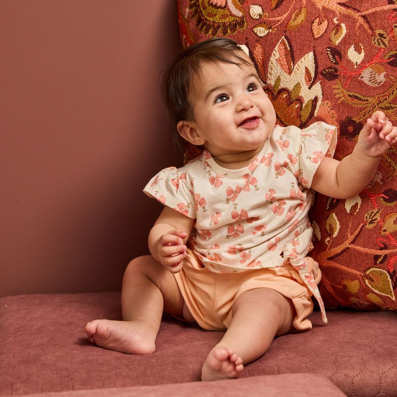 Dirkje meisjes T-shirt off white roze? Bloem ruffles