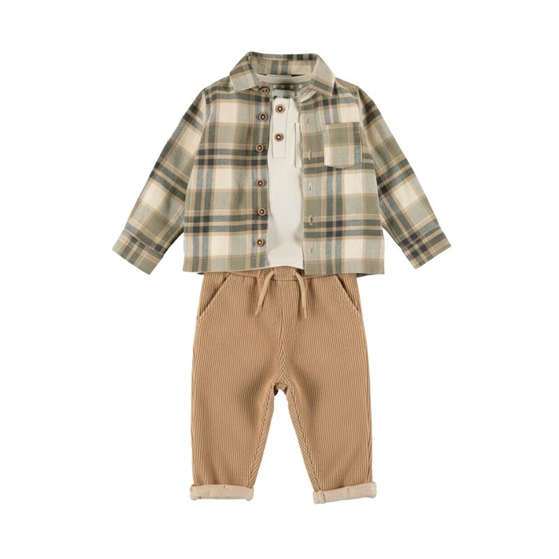 Dirkje Jongens Kledingset 3-Delig – Groen Geruit Overshirt, Henley Shirt en Camel Ribbroek