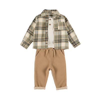 Dirkje Jongens Kledingset 3-Delig – Groen Geruit Overshirt, Henley Shirt en Camel Ribbroek