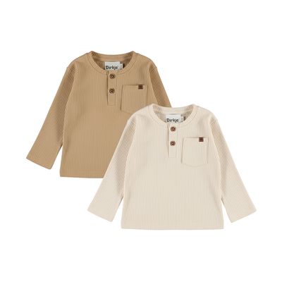 Dirkje Jongens Henley Shirt 2-Pack – Gestrept Ribstof met Knoopjes en Borstzak – Camel Bruin en Off-White