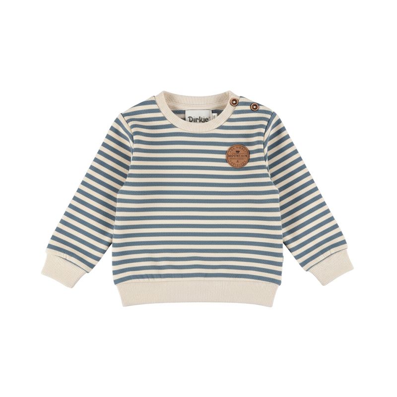 Dirkje Jongens Sweater Gestrept – Off-White met Jeansblauw, Knoopsluiting en Lederen Mountain Badge