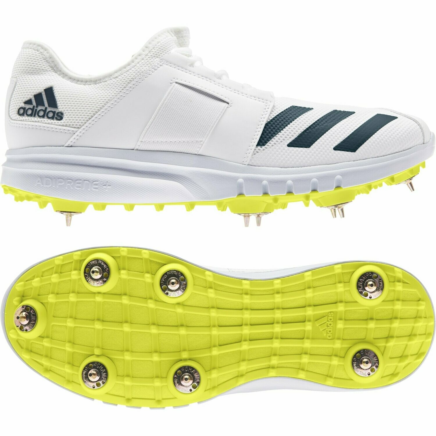 2023 adidas Howzat Spike 20 White Acid Yellow Senior Cricket Shoes